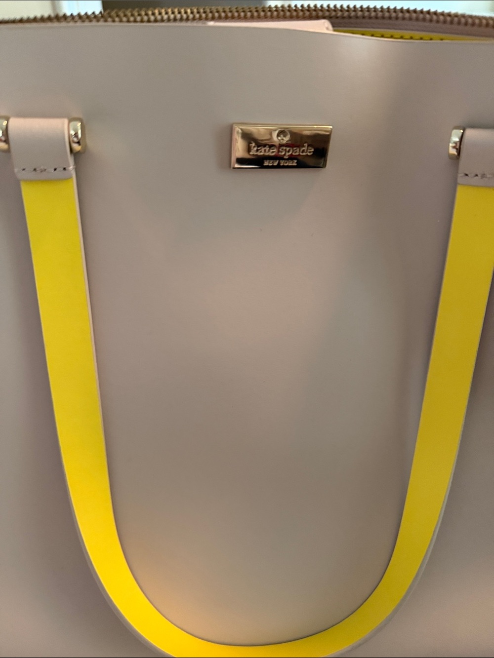 kate spade taupe tote with yellow handles - Picture 2 of 5